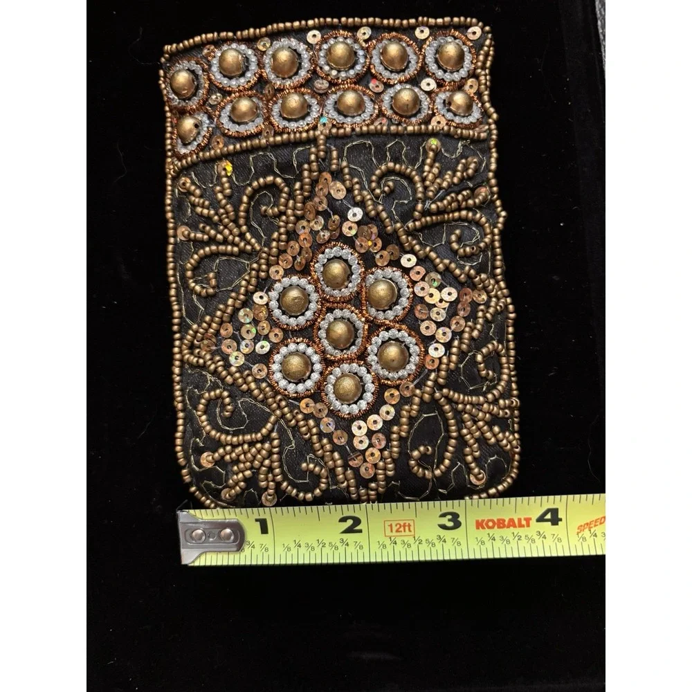 Black Gold Beaded Sequin Coin Wallet Clutch Folding Snap Closure Embroidered[A3]